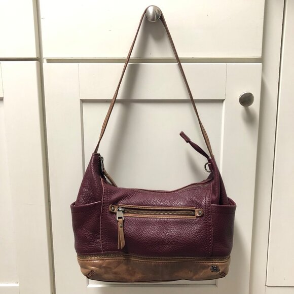 The Sak Maroon Tan Genuine Leather Purse Shoulder Bag Chic Handbag Neutral Tone